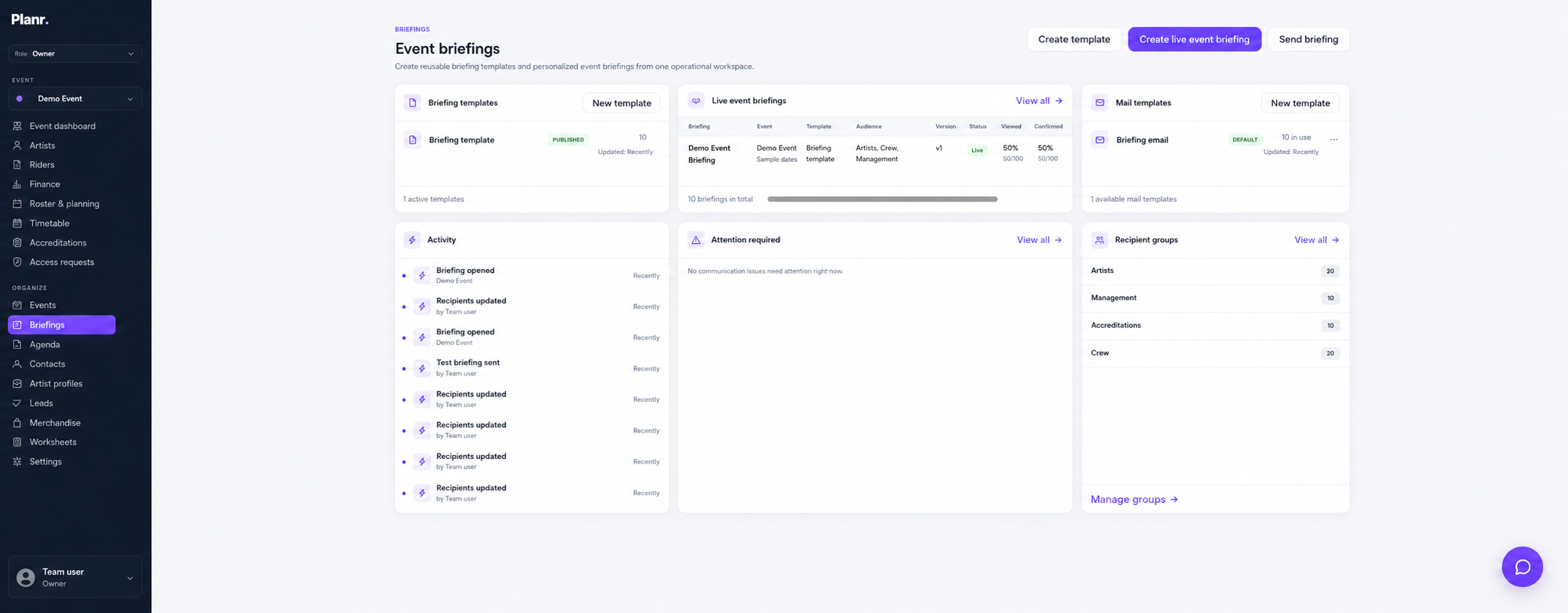 Anonymised Planr briefings & communication interface